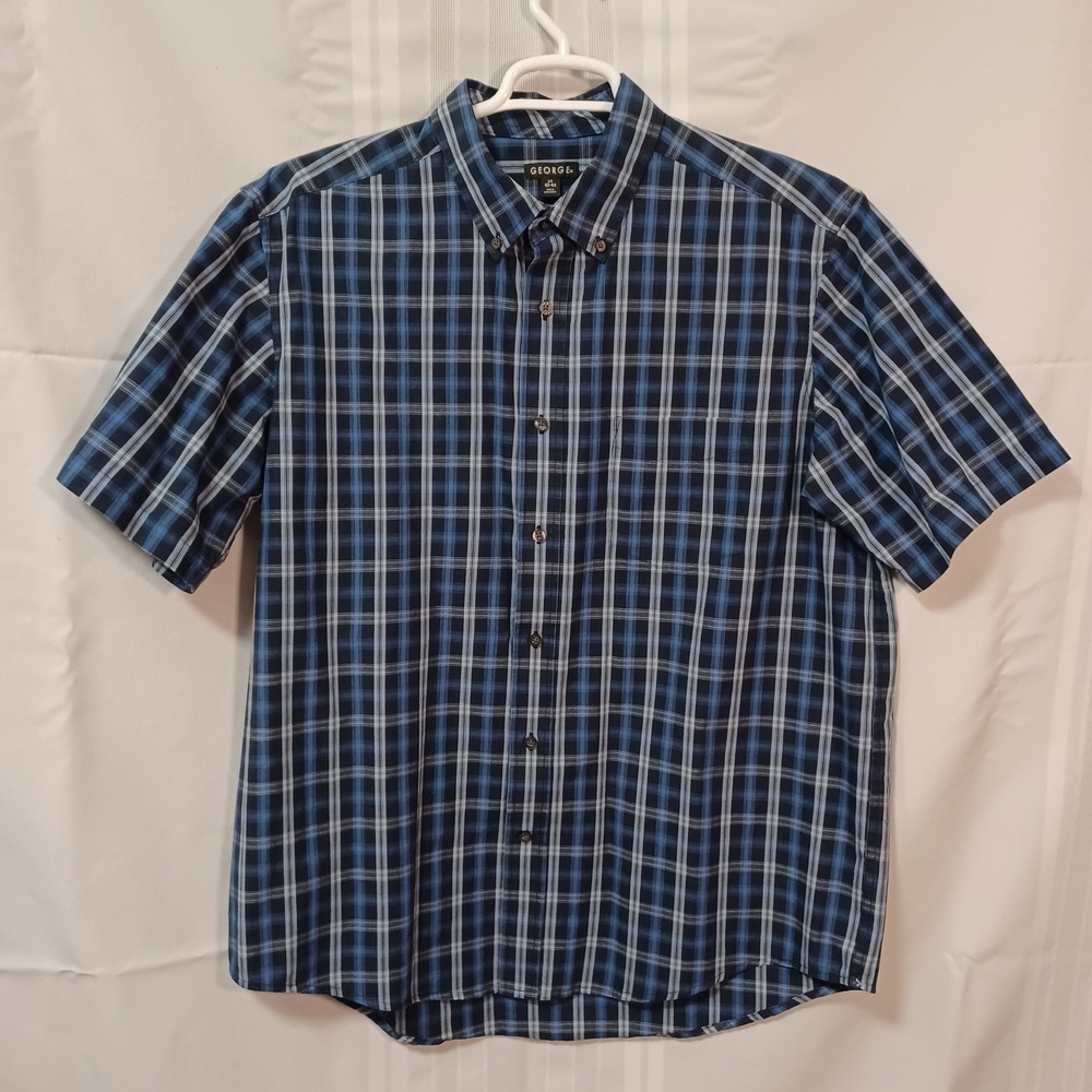 George Button Down Shirt Mens L Blue Plaid GM27Y013 Short Sleeve Pocket Cotton